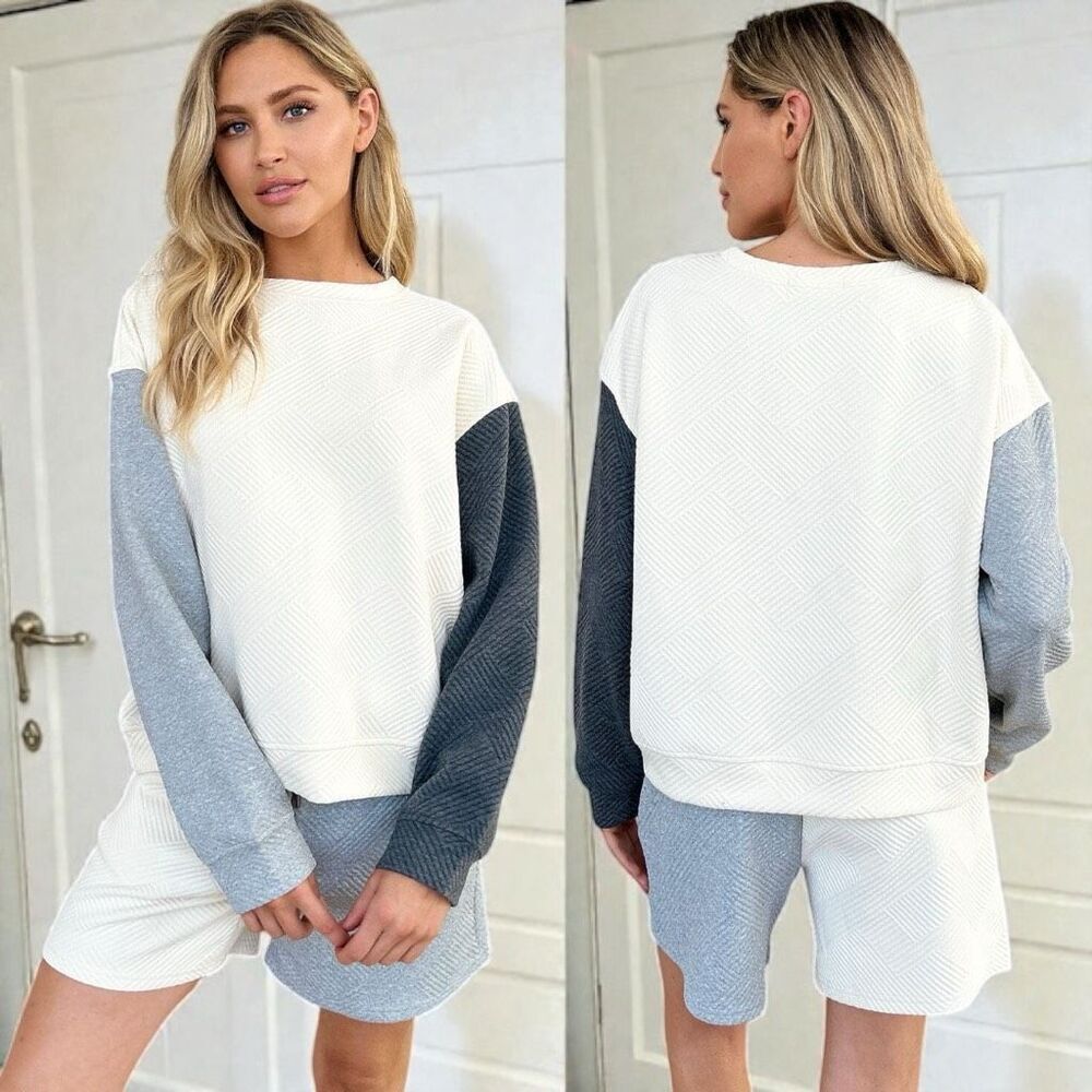Blue Contrast Color Block Drop Shoulder Long Sleeve Top & Shorts Lounge Set NWT - Picture 7 of 13